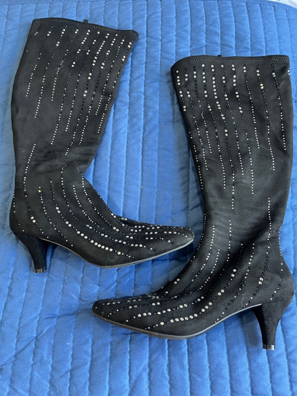 Impo Black Mid-Calf Heeled Boots with Crystal Studs